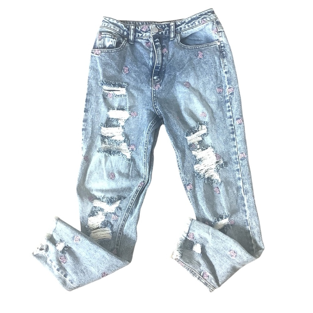Tinsletown Butterfly Embroidered Raw Hem Distressed Jeans Size 9